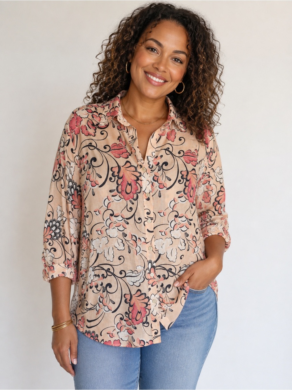 Chico’s 2P Linen No Iron Fresh Chic Button Up Floral 3/4 Sleeve Tunic